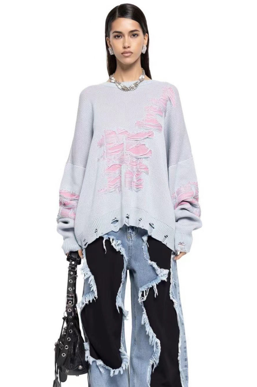 Colorblock Ripped Relaxed Knit Sweater