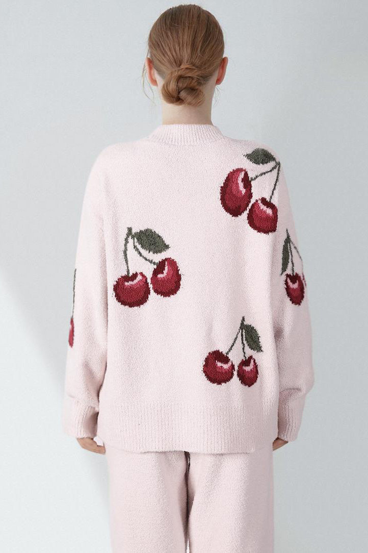 Soft Half Velvet Cherry Knit Cardigan Pajama Set
