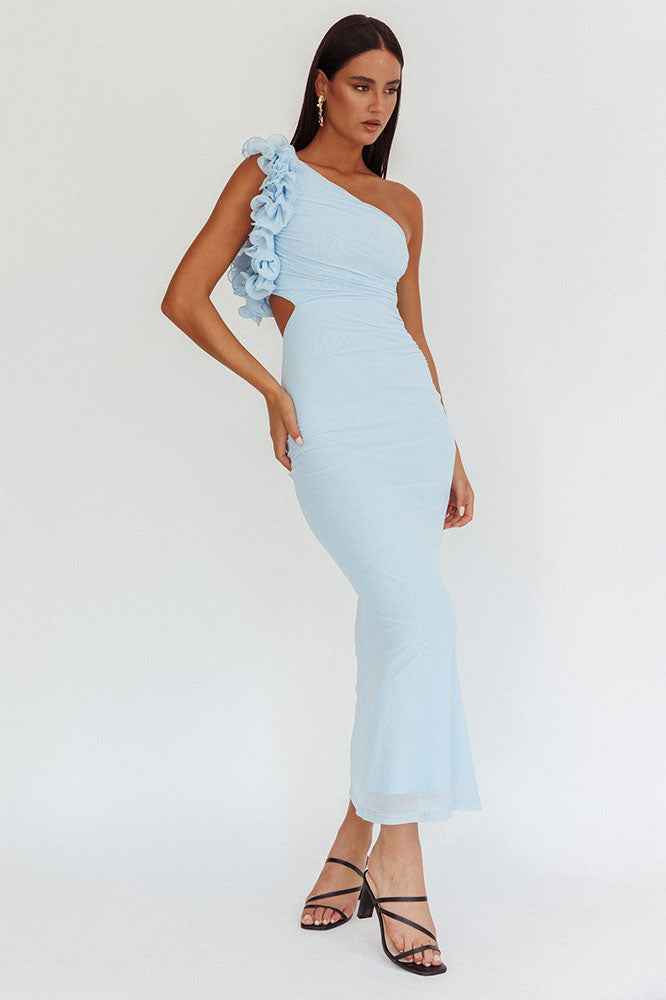 Statement Flower One-Shoulder Fitted Midi-Length Dress