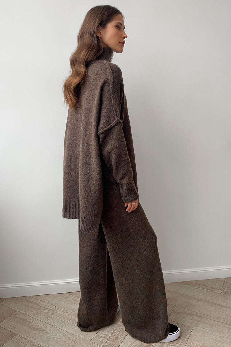 Turtleneck Split Knit Sweater Loose Knit Trousers Set