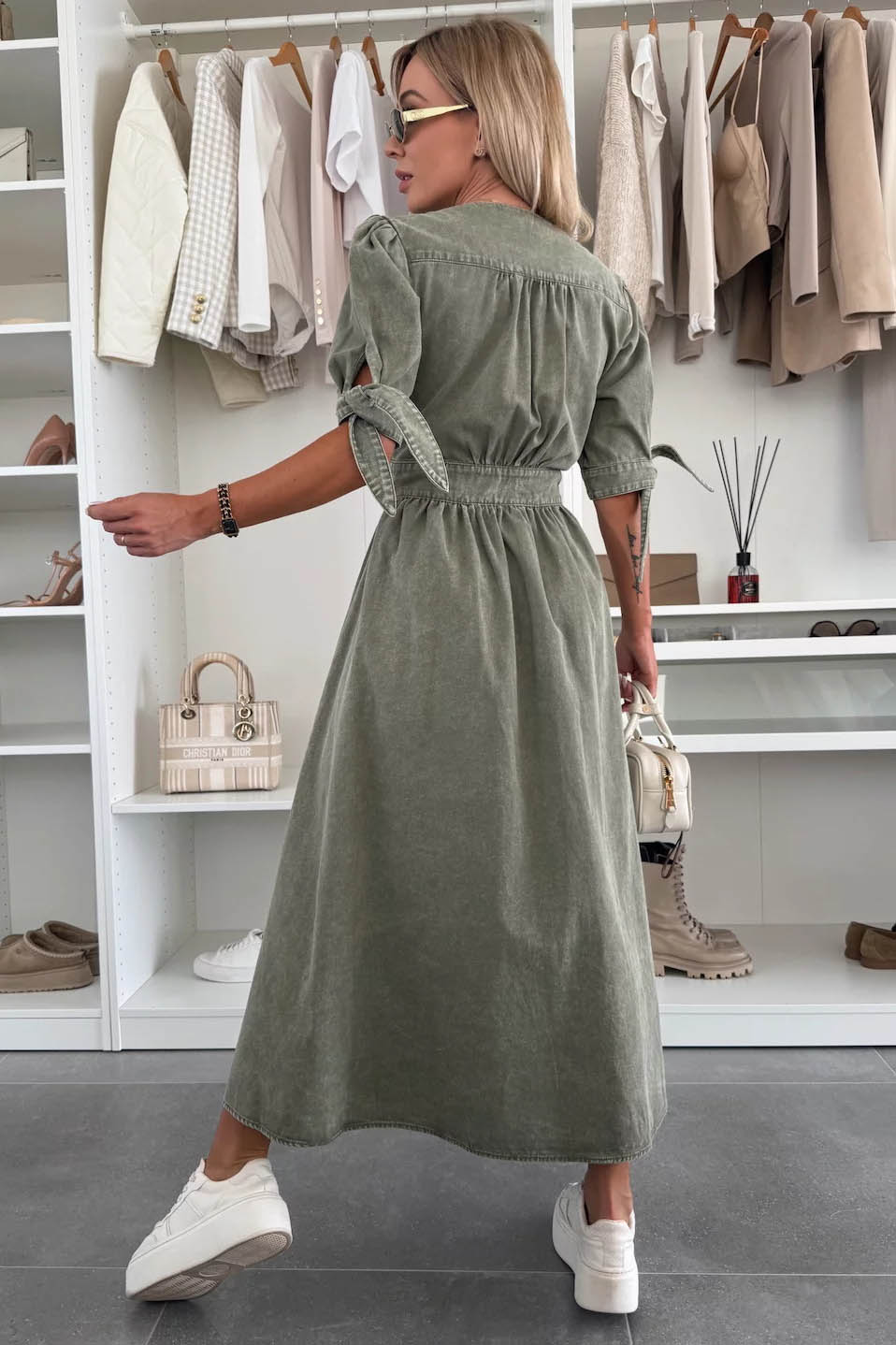 Clean-Lined V-Neck Buttoned Denim Gown