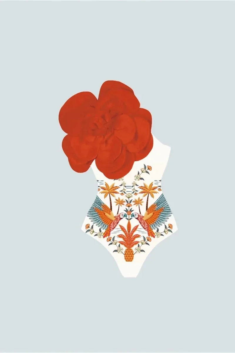 Flower Print One-Piece with 3D Flower Detail