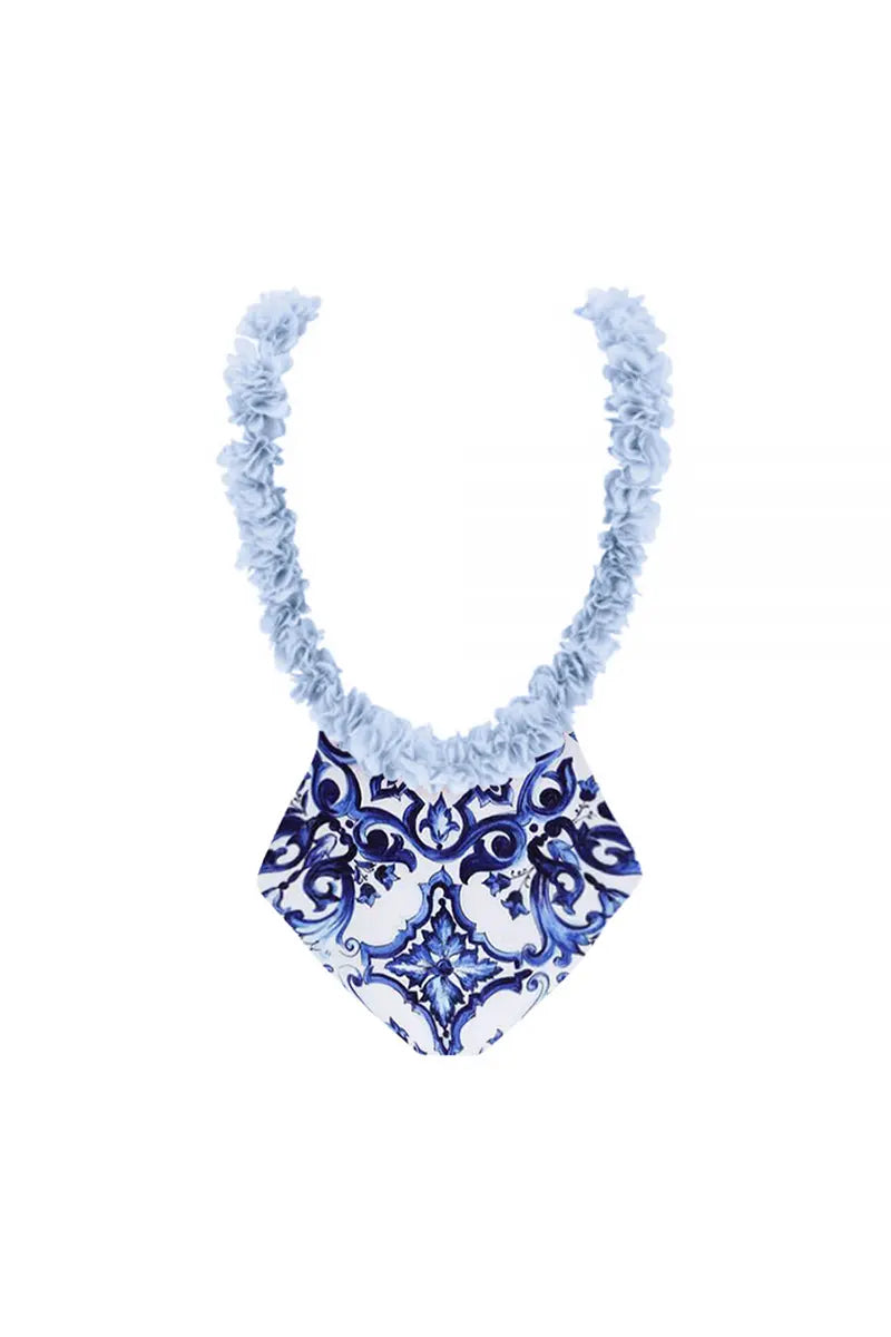 Modern Blue One-Piece Bikini with Handmade Applique