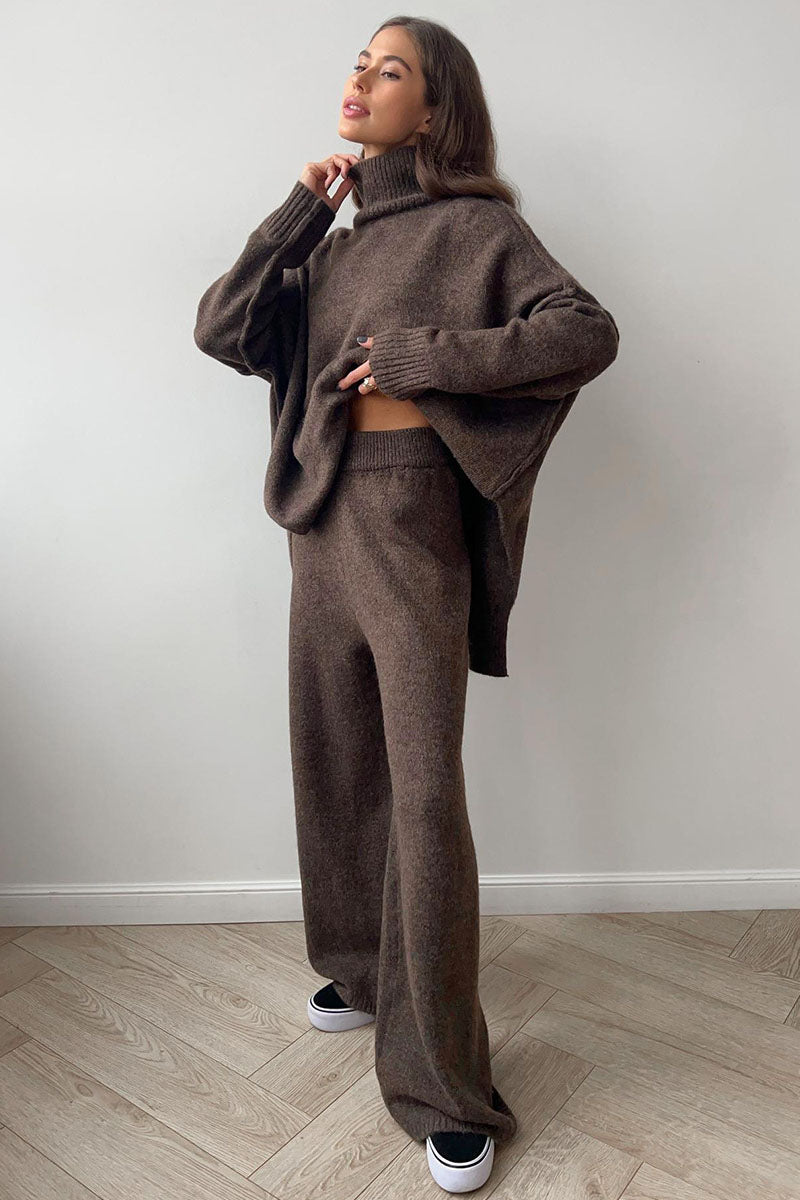 Turtleneck Split Knit Sweater Loose Knit Trousers Set