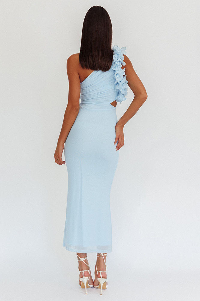 Statement Flower One-Shoulder Fitted Midi-Length Dress