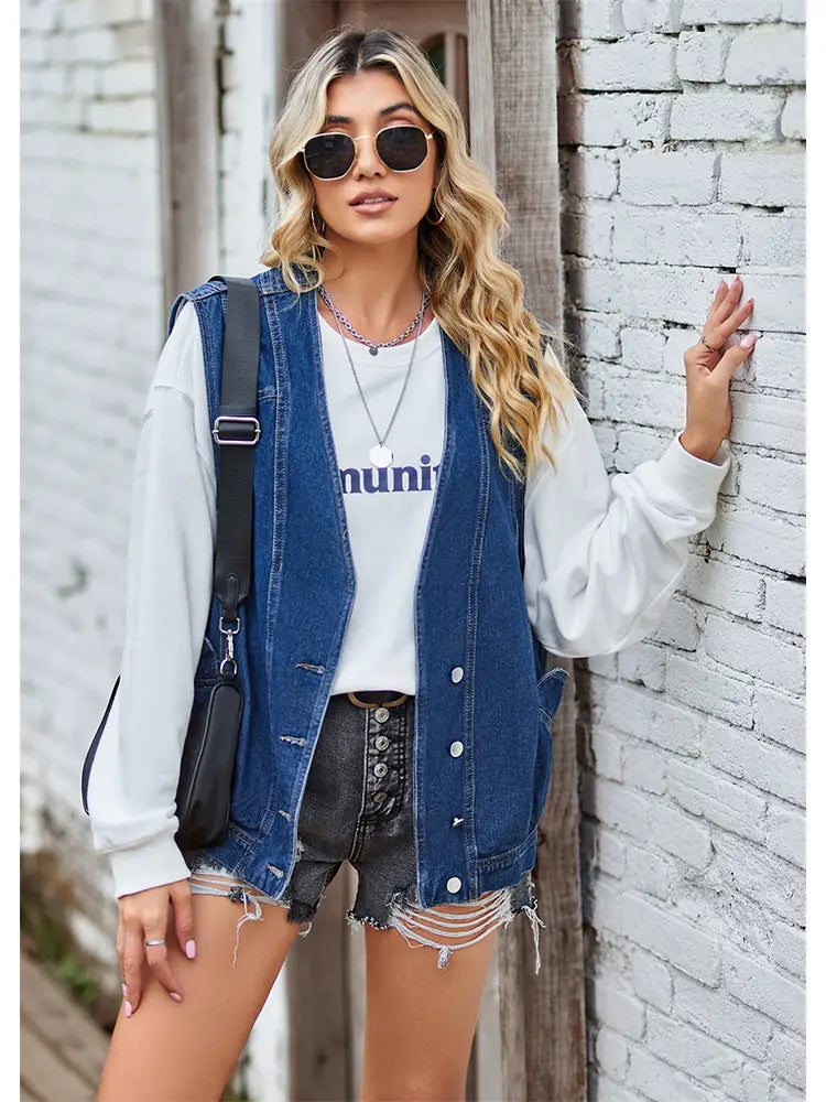 Denim Vest with Button Closure, Relaxed Fit and Sleeveless Cut
