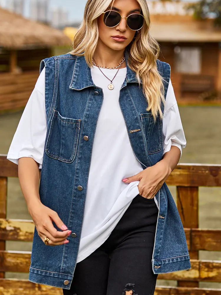 Denim Vest with Button Closure, Pockets and Relaxed Fit