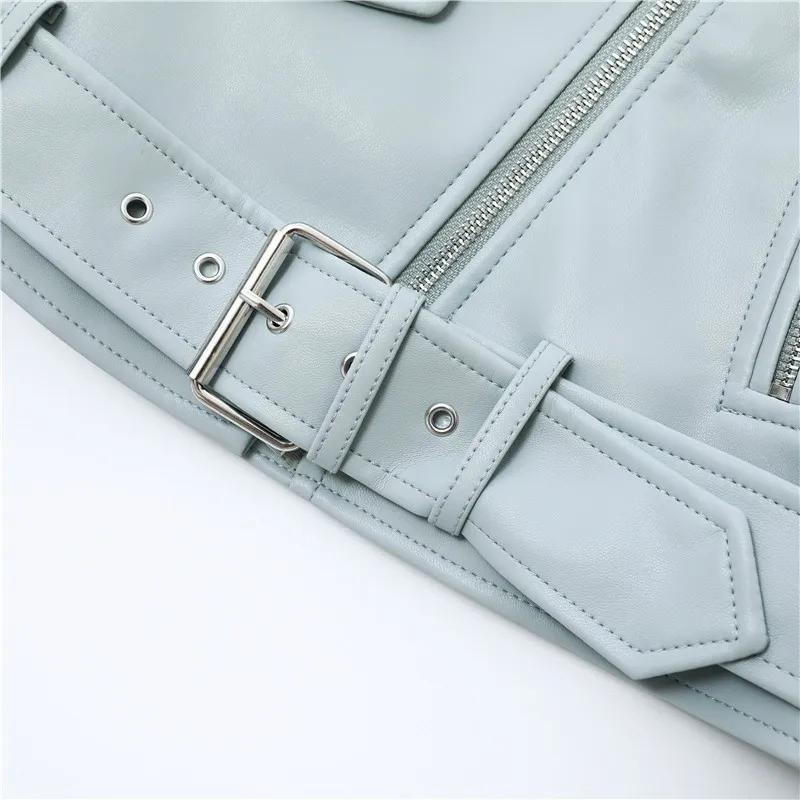Leather Biker Jacket with Zippers and Belt