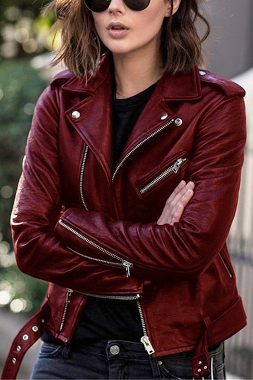 Vintage Faux Leather Jacket with Lapels and Zipper