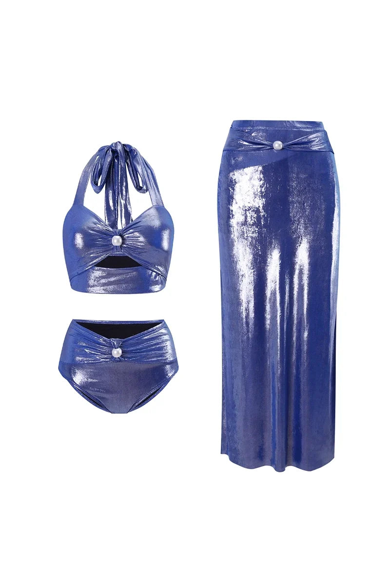 Modern Glossy Mist Deep V Halter Pearl Swimsuit