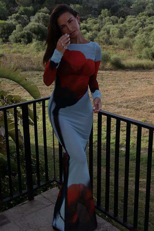 Abstract Print Sheer Maxi-Length Dress