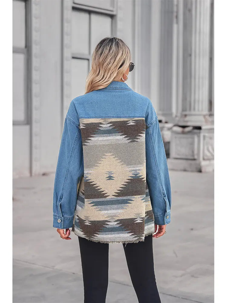 Coat with Patchwork, Geometric Pattern and Button Closure