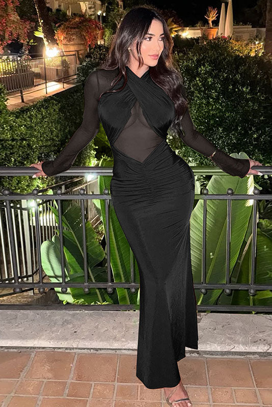 Sexy Mesh Cut-Out Maxi-Length Dress