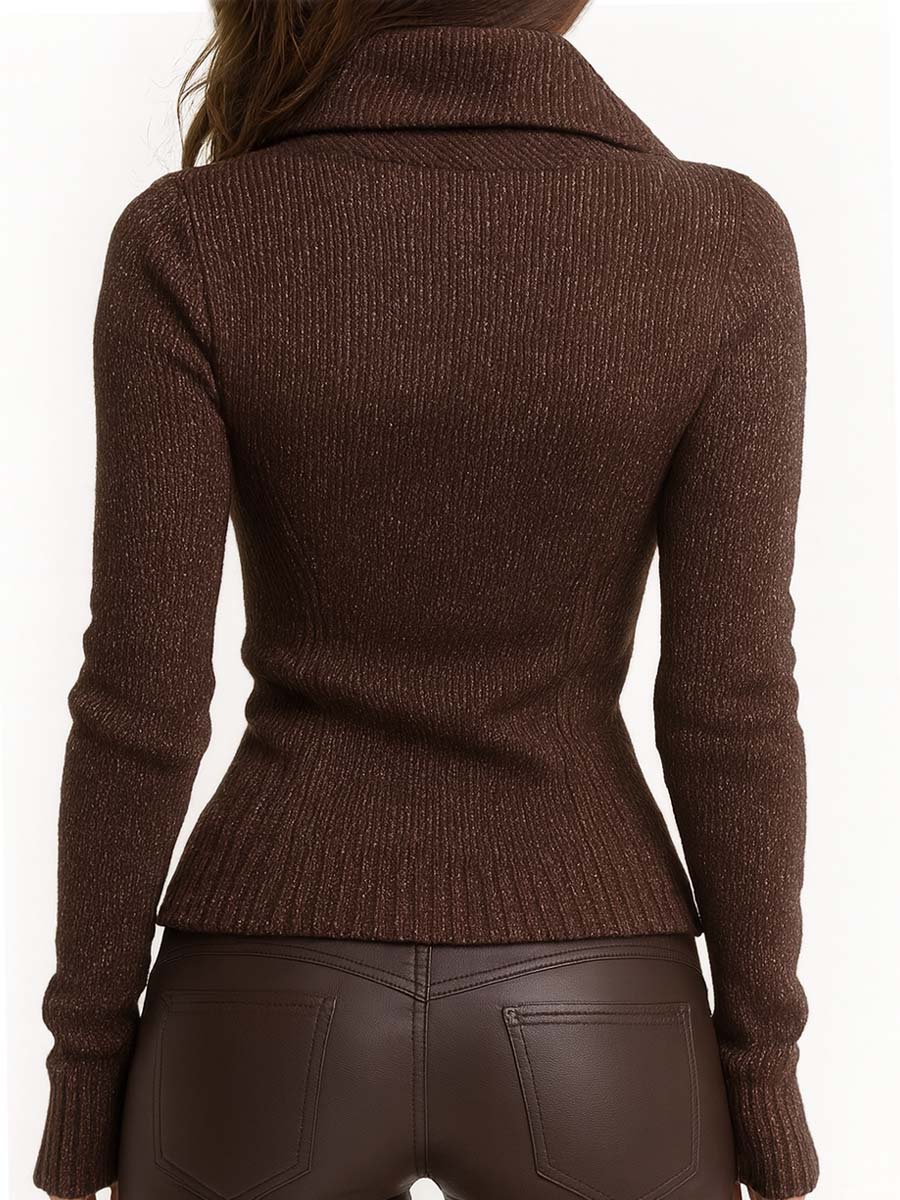 Modern Brown Asymmetrical Zip Ribbed Knit Jacket