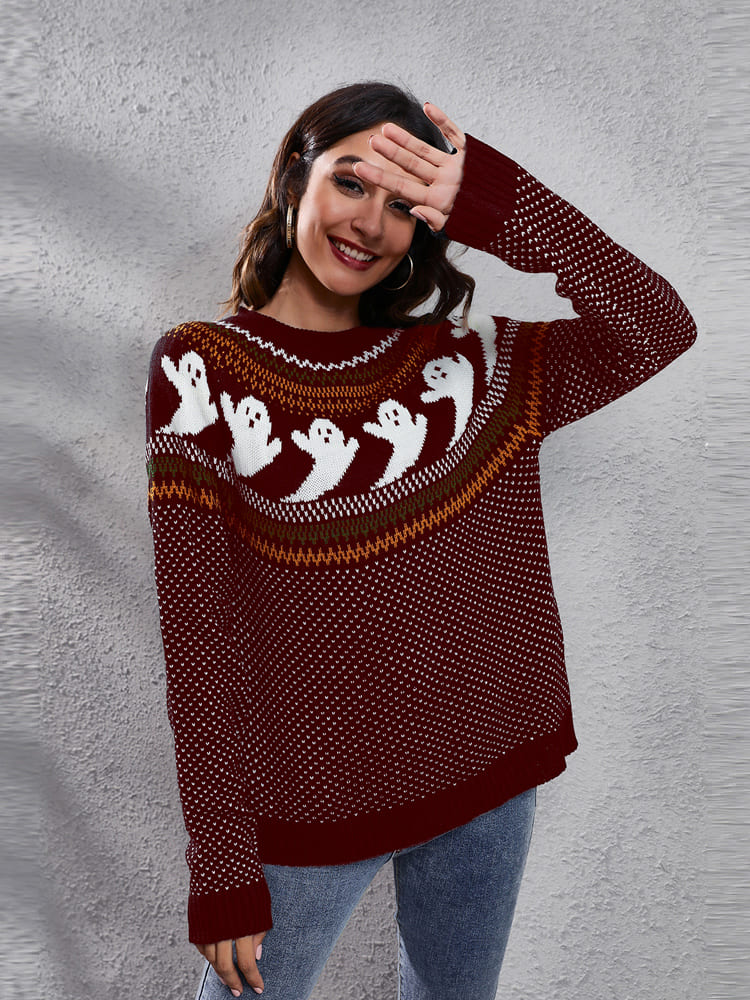 Literary Retro Ghost Pattern Crew Neck Knitted Knit Sweater