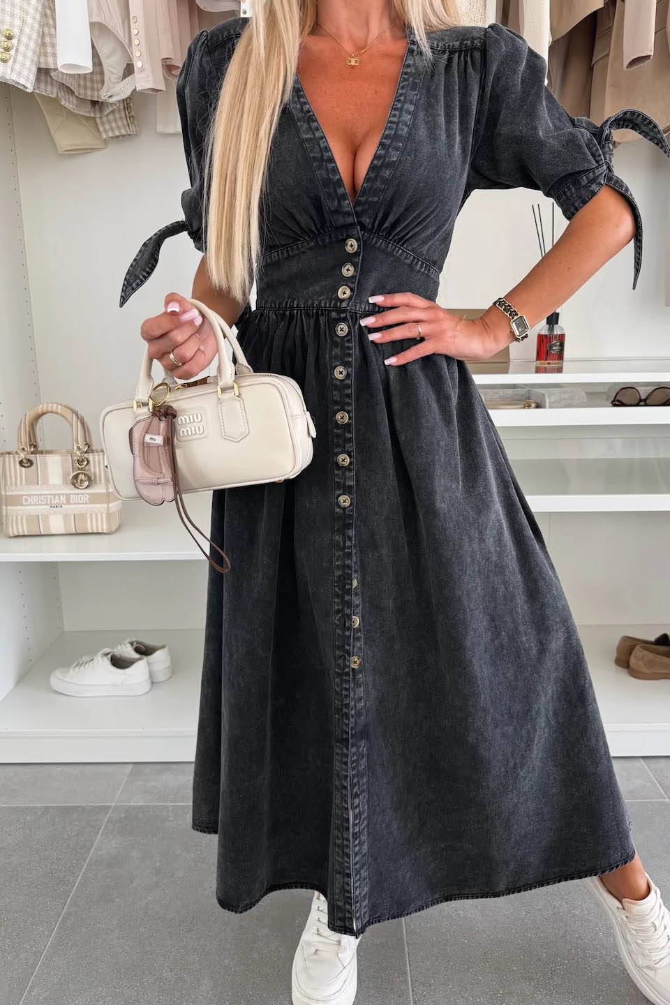 Clean-Lined V-Neck Buttoned Denim Gown