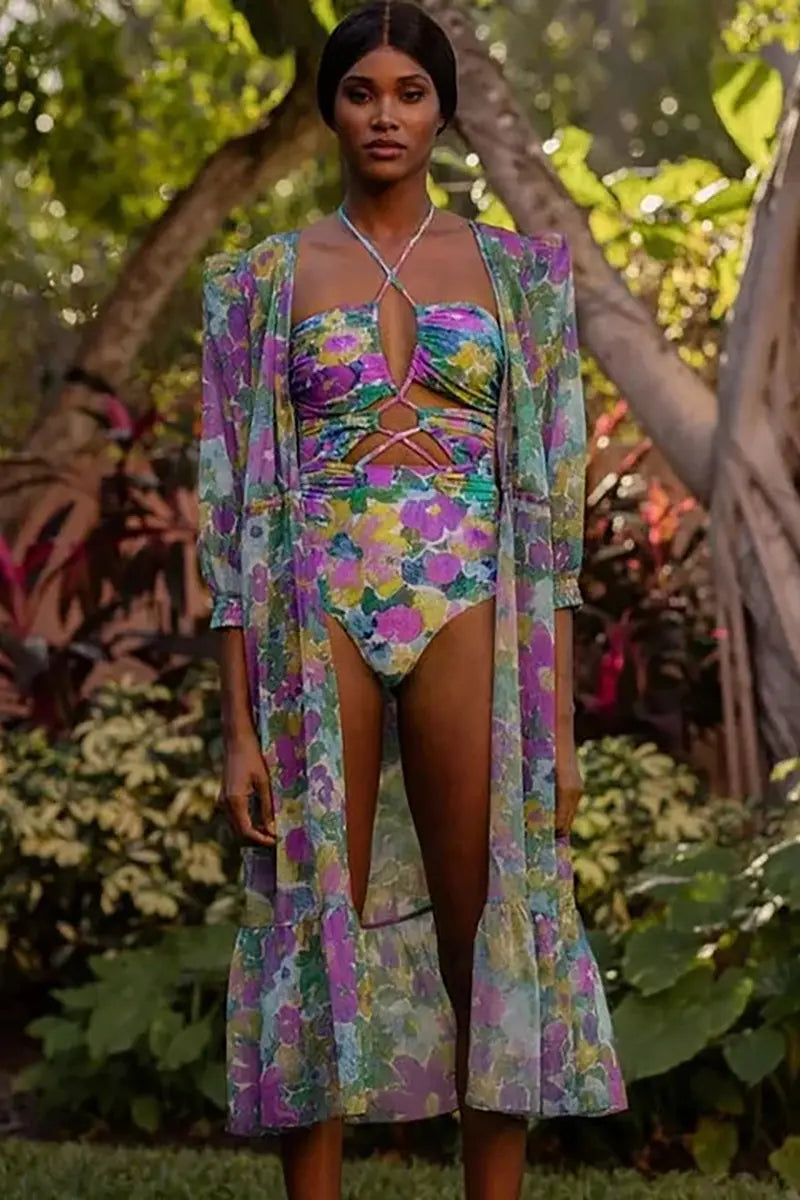 Cut-Out One Piece Swimwear Set with Cover Up
