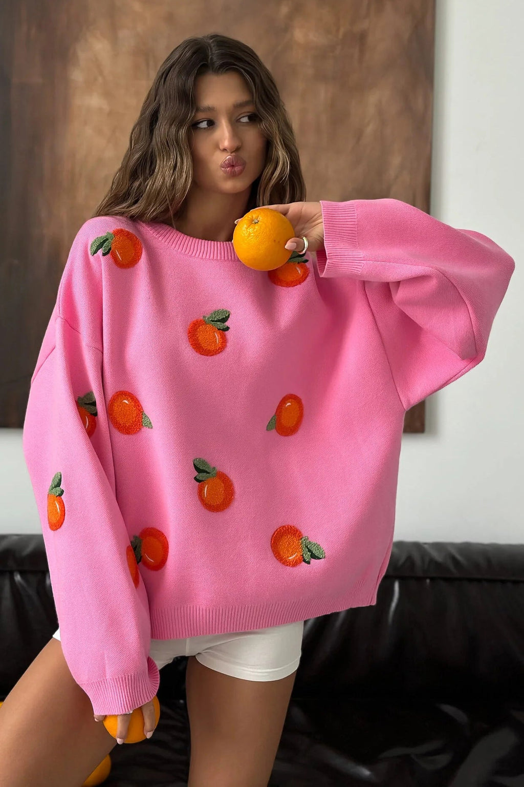 Modern Girls' Orange Flocked Knit Sweater