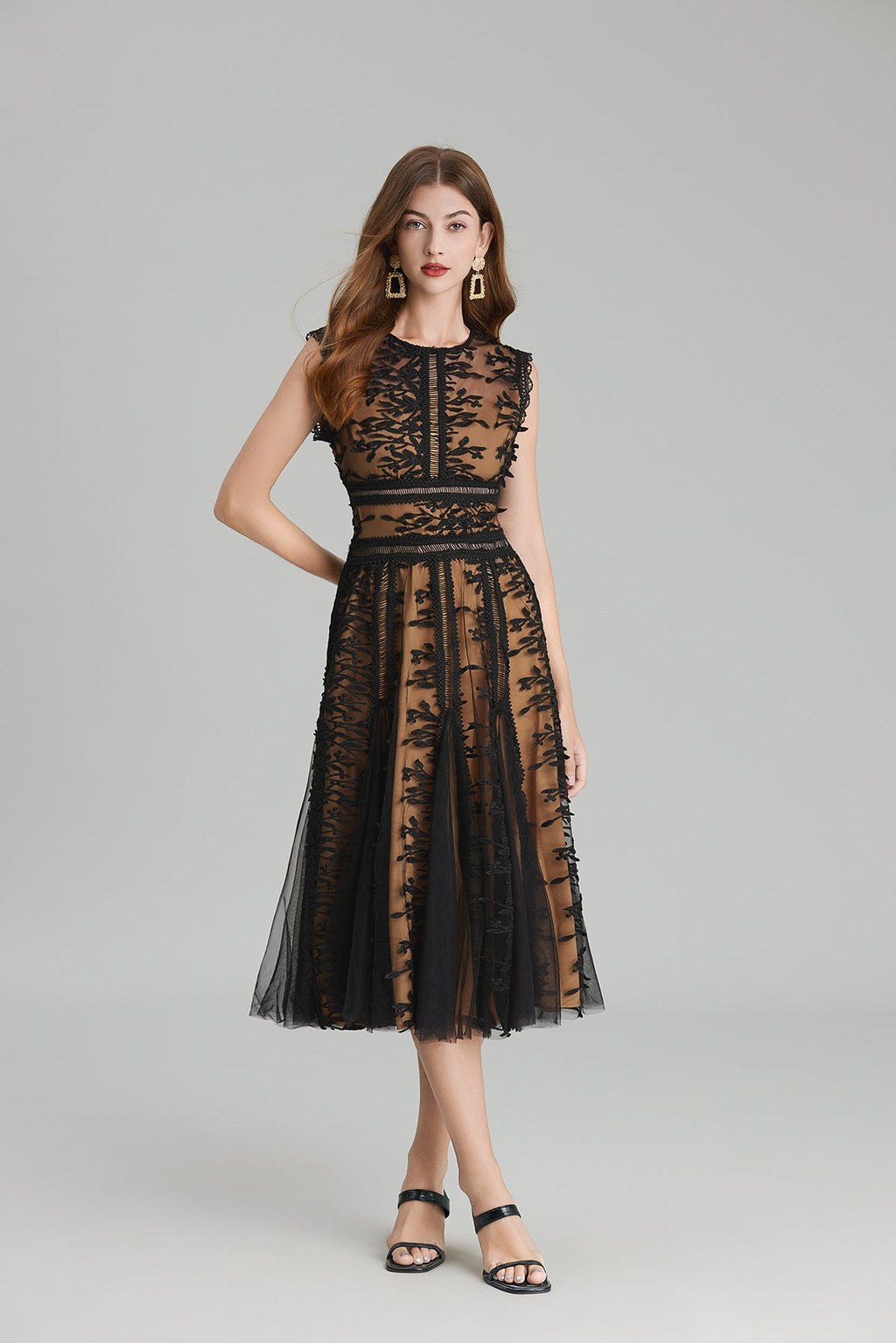 Maelle Crew Neck Mesh Embroidered Midi-Length Dress In Beige