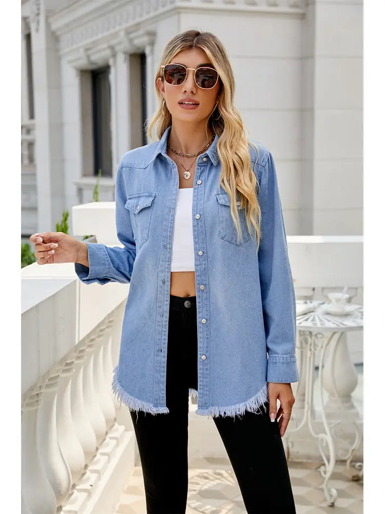 Denim Shirt Jacket in a Washed, Lightweight Design with Button Closure