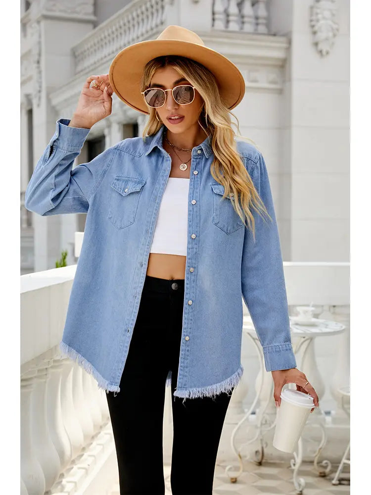 Denim Shirt Jacket in a Washed, Lightweight Design with Button Closure