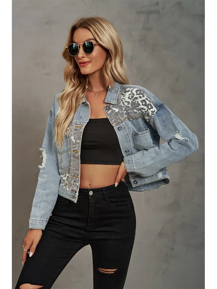 Washed Denim Jacket with Leopard Print and Patchwork