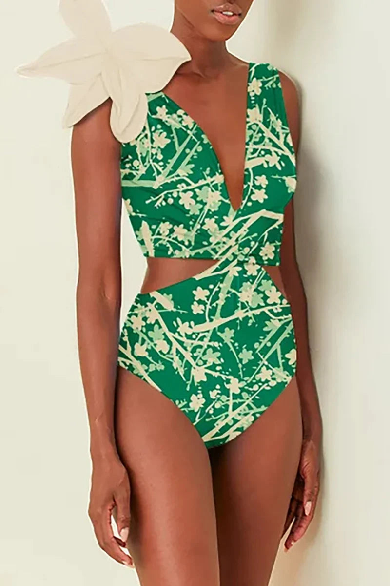 Flower Applique Green Patterned One-Piece Swimwear