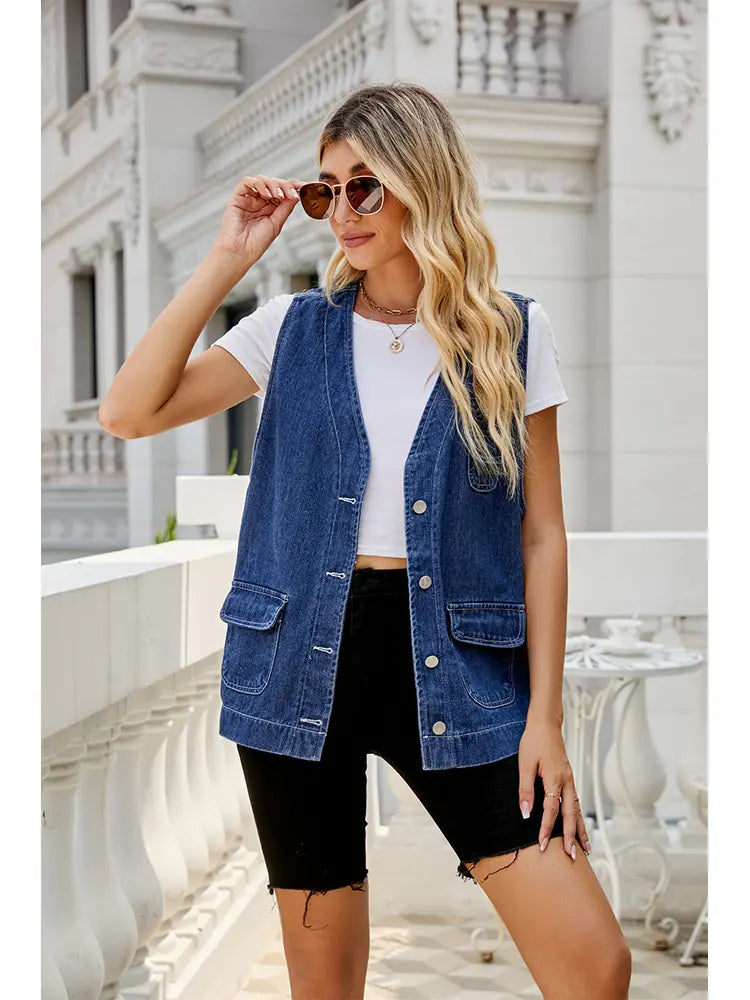 Washed Denim Vest with Pockets, Relaxed Fit and Sleeveless Cut