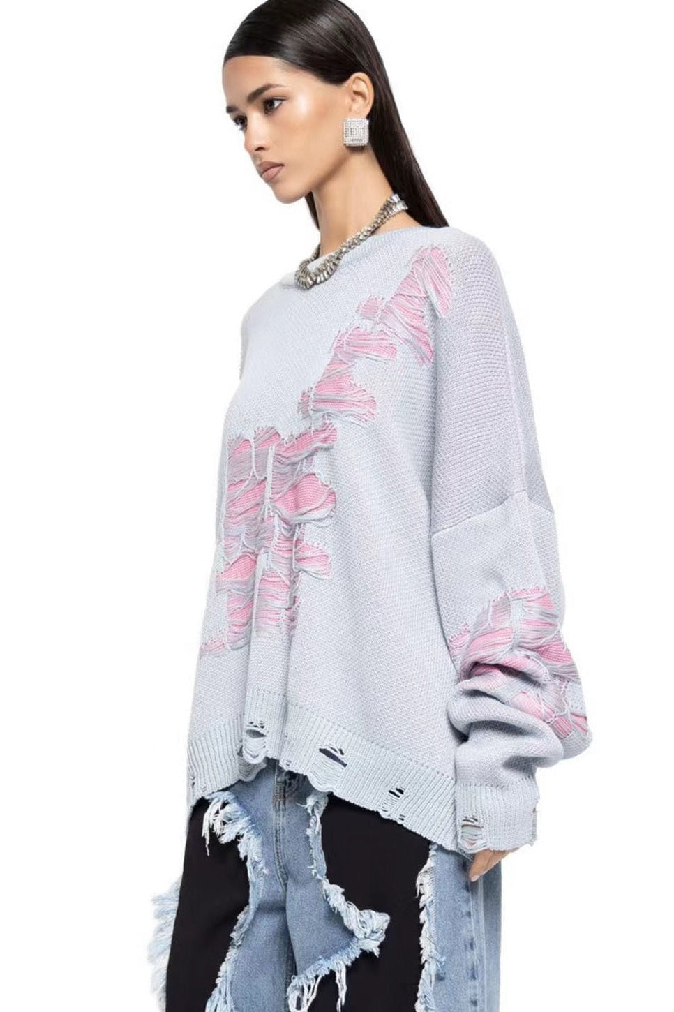 Colorblock Ripped Relaxed Knit Sweater