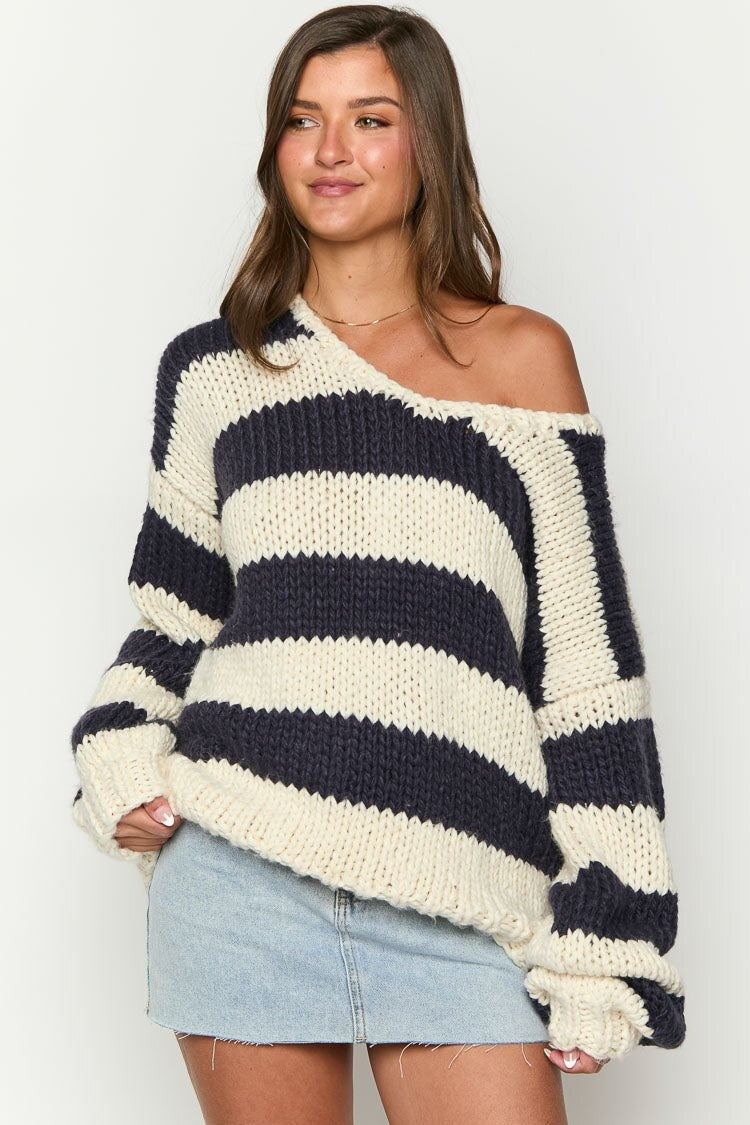 Off-shoulder Striped Knit Sweater