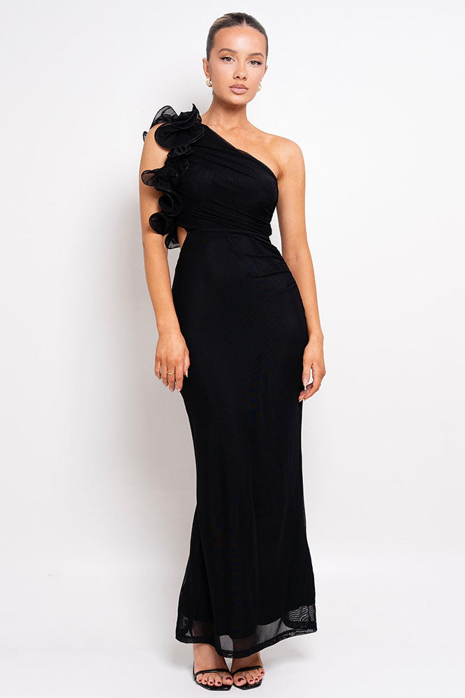 Statement Flower One-Shoulder Fitted Midi-Length Dress