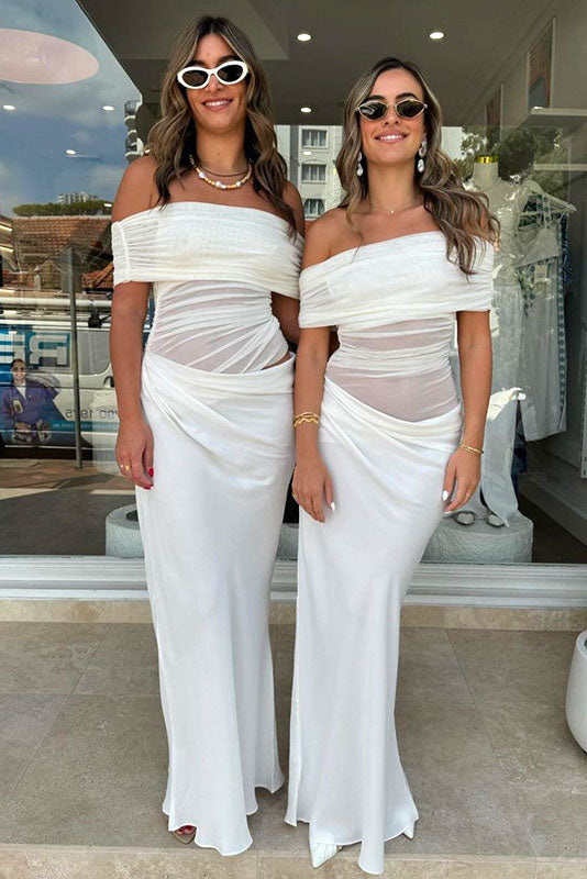 Sheer Mesh Off-Shoulder Maxi-Length Dress