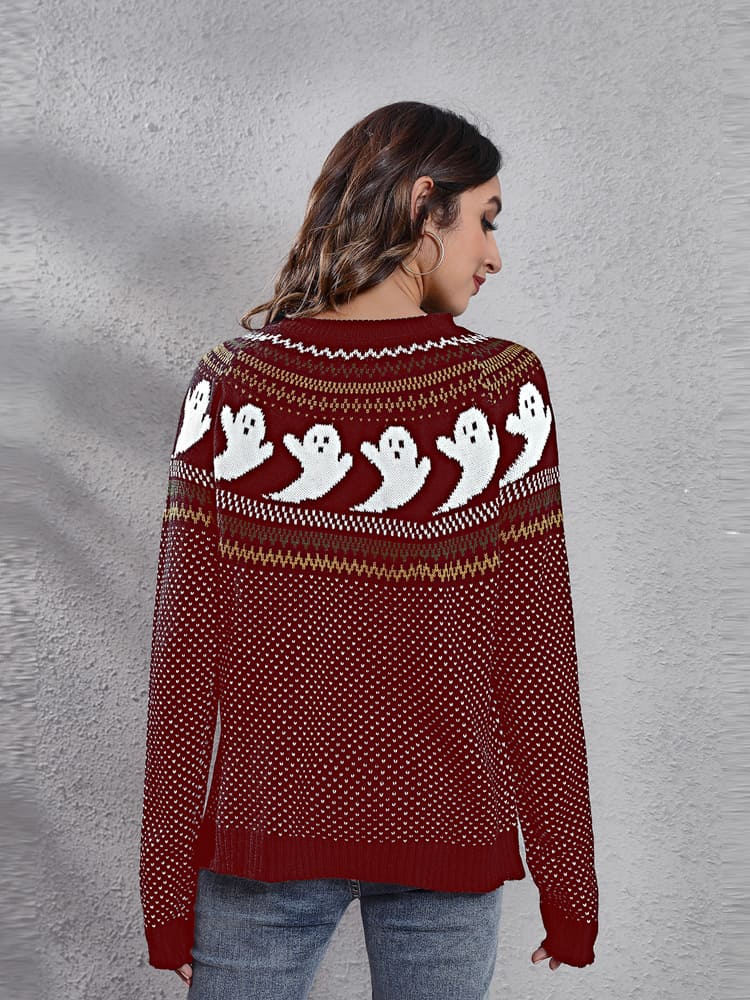 Literary Retro Ghost Pattern Crew Neck Knitted Knit Sweater