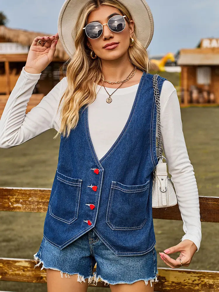 Washed Denim Vest with a Fitted Cut and Lapel Collar