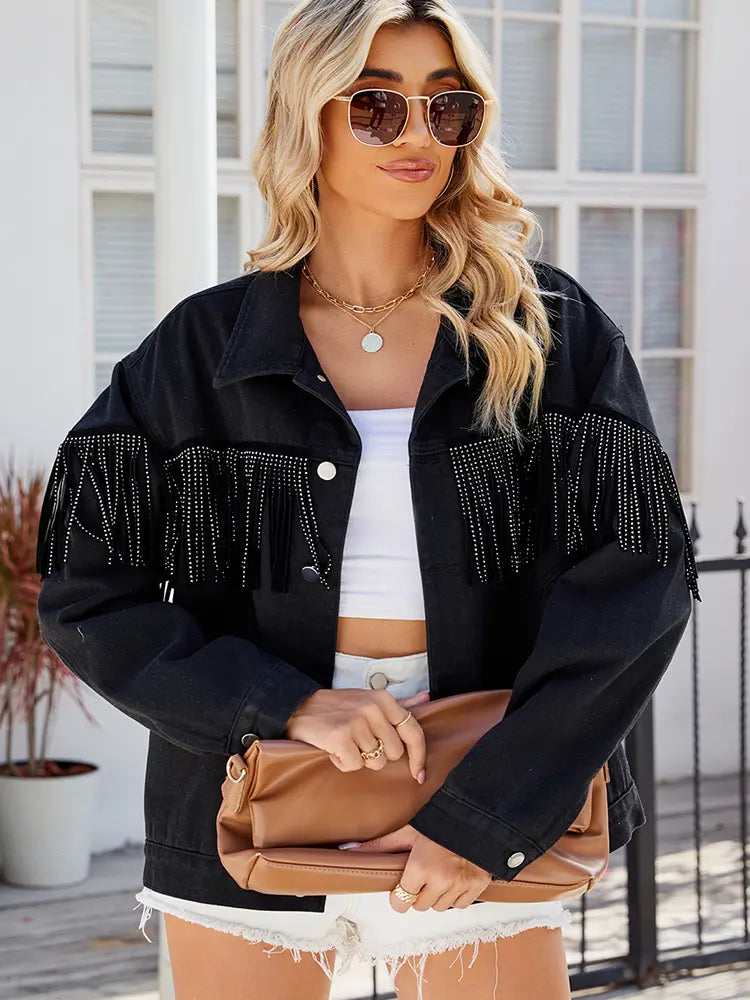 Denim Jacket with Studs, Fringe and Button Closure
