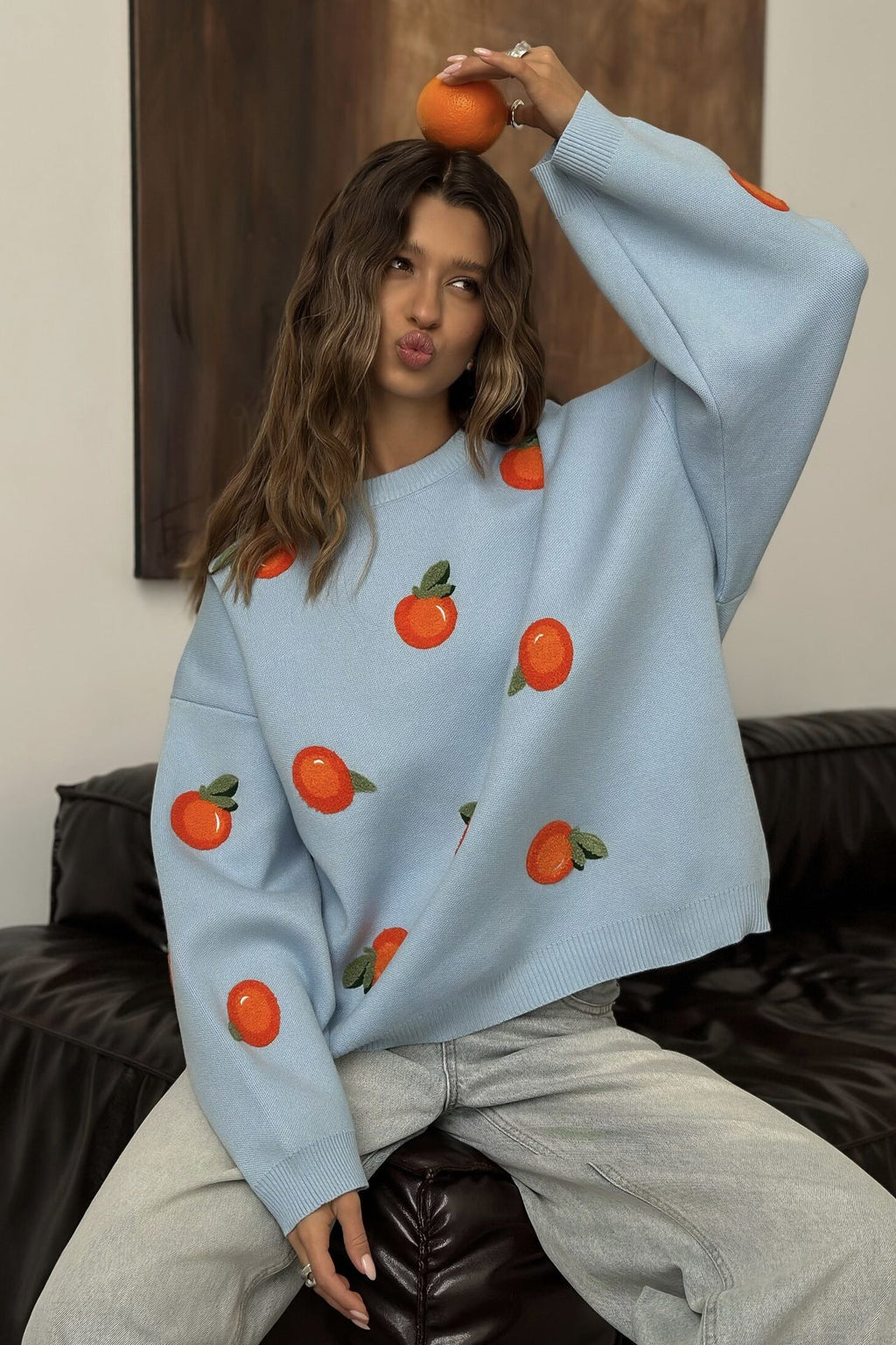 Modern Girls' Orange Flocked Knit Sweater