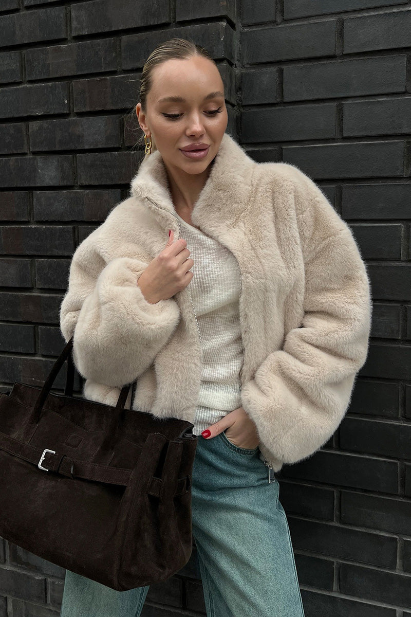 Modern Cozy Cream Short Faux-Fur Jacket