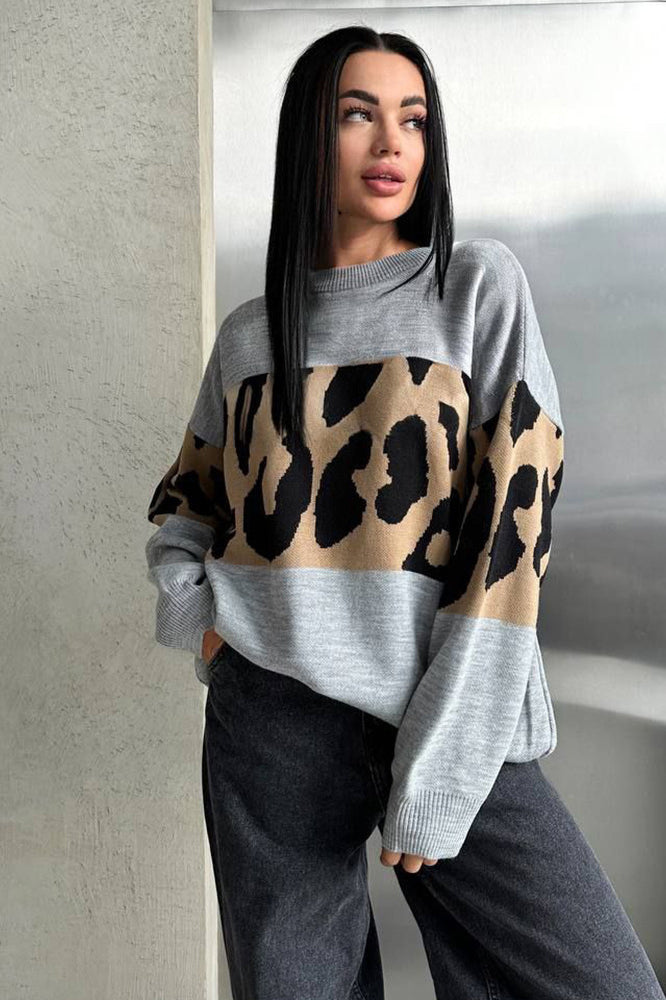 Retro Leopard Print Color-Block Knit Sweater