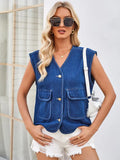 Lightweight Denim Vest, Collarless, with Button Closure