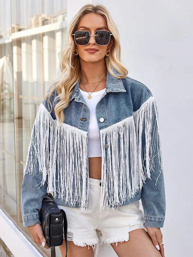 Washed Denim Jacket with Fringe and Long Sleeves