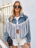 Washed Denim Jacket with Fringe and Long Sleeves