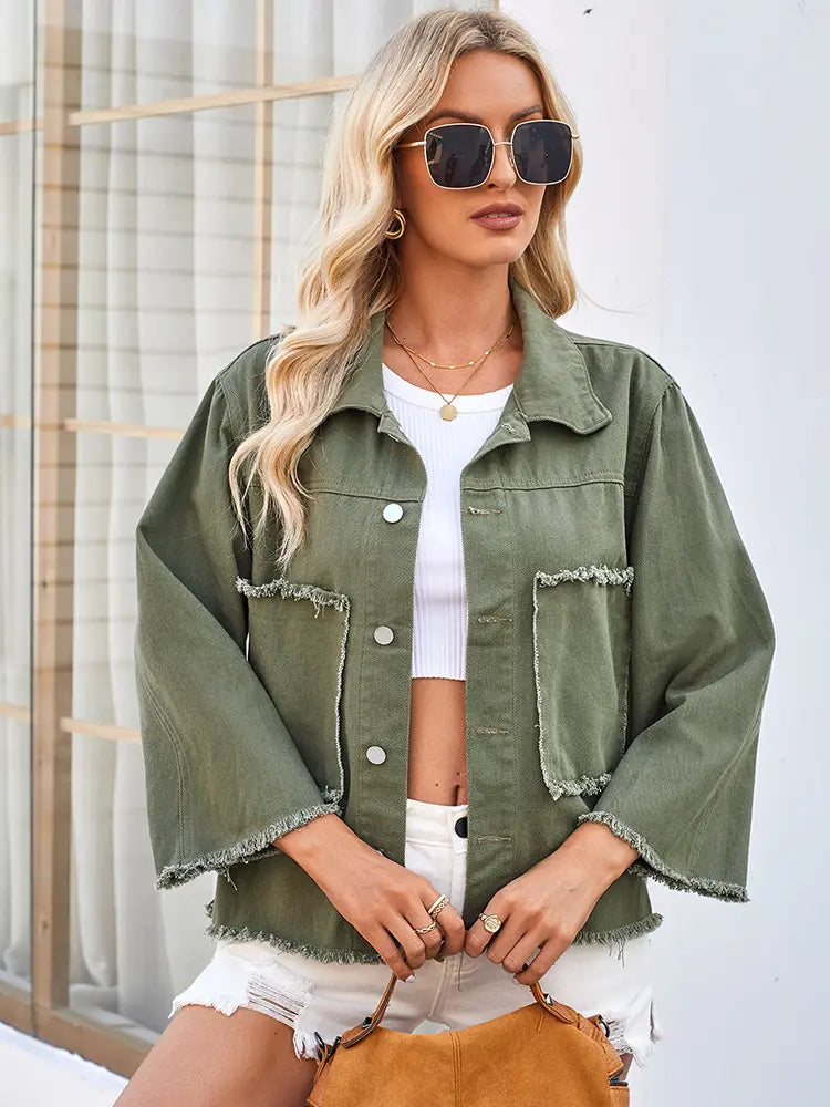Washed, Lightweight Denim Jacket with Button Closure and Pockets