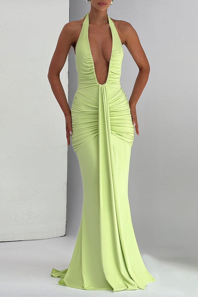 Halter Deep V Mermaid Maxi-Length Dress