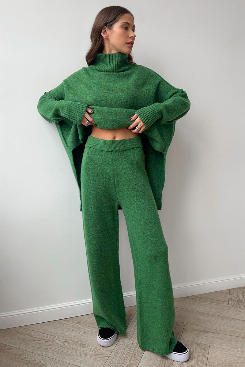 Turtleneck Split Knit Sweater Loose Knit Trousers Set