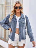 Washed Denim Jacket with Pearl Details and Long Sleeves