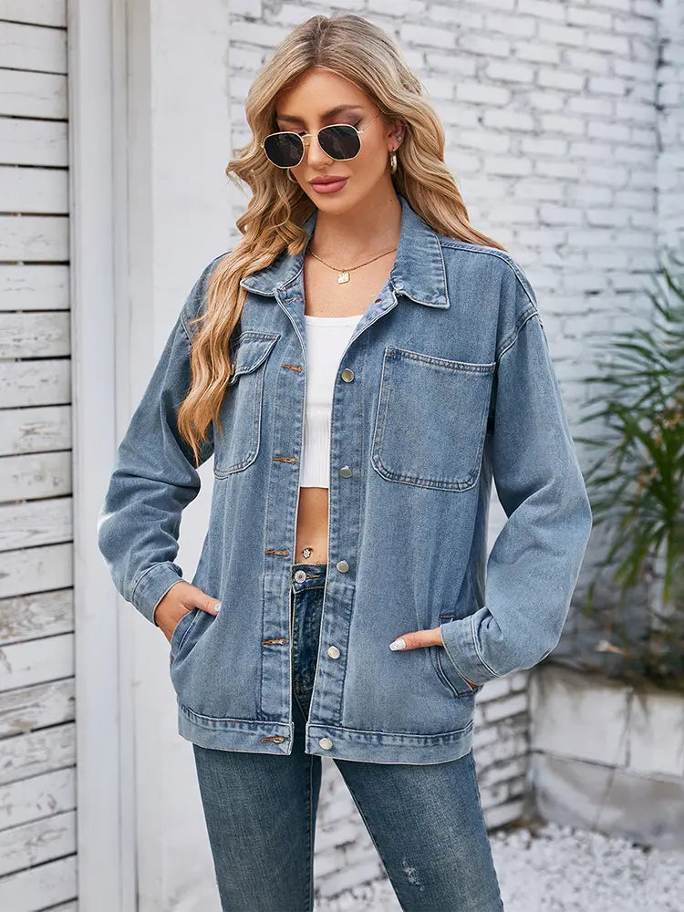 Washed Denim Jacket with Button Closure, Pockets and Relaxed Fit