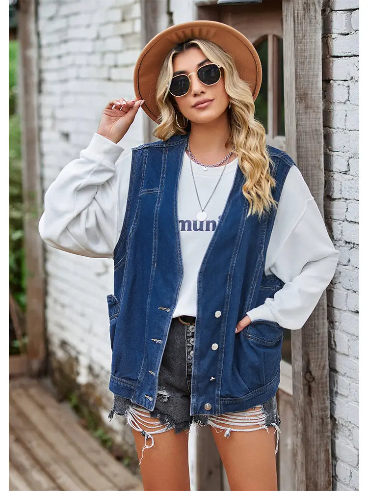 Denim Vest with Button Closure, Relaxed Fit and Sleeveless Cut