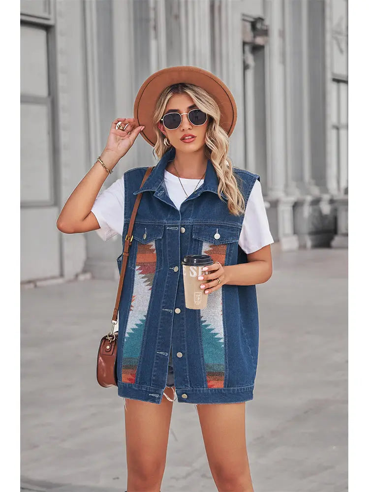 Denim Vest with Patchwork, Geometric Pattern and Button Closure