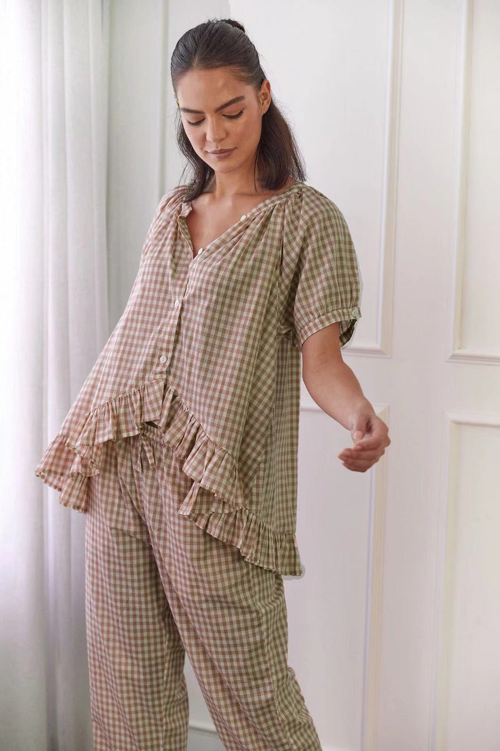 Relaxed Ruffled Plaid Print Shirt Pajama Set