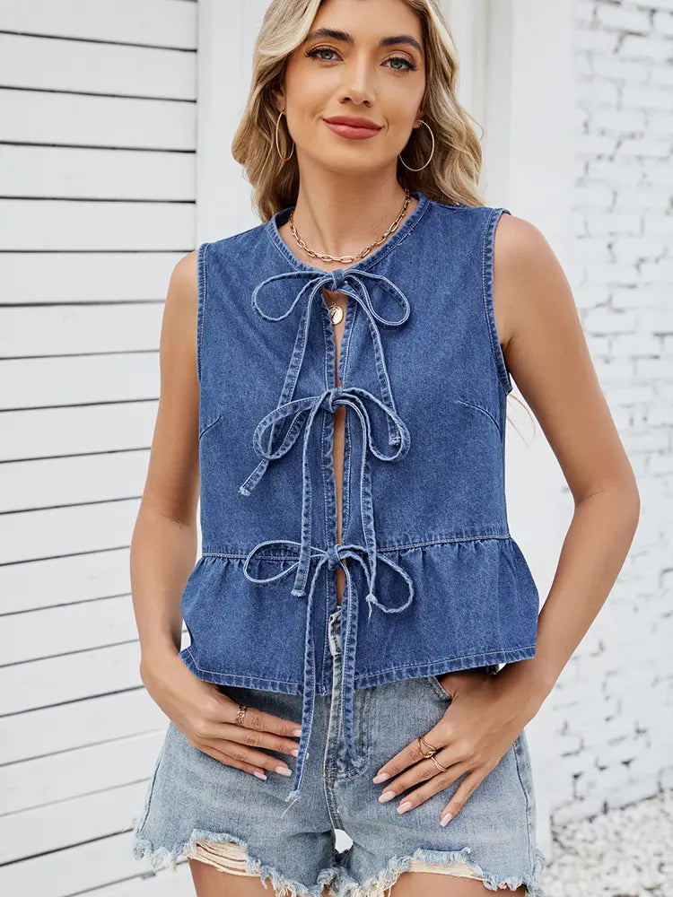 Lightweight Denim Vest with Knot Detail and Relaxed Fit